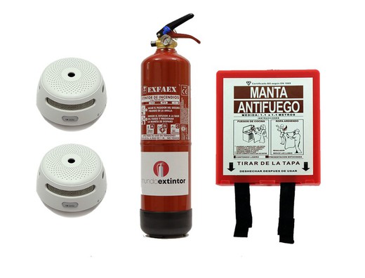 PACK HOGAR 2- 1 Extintor ABC 3 kg +2 detectores de humo WI-FI + 1 manta ignifuga 1,1x1,1 m.