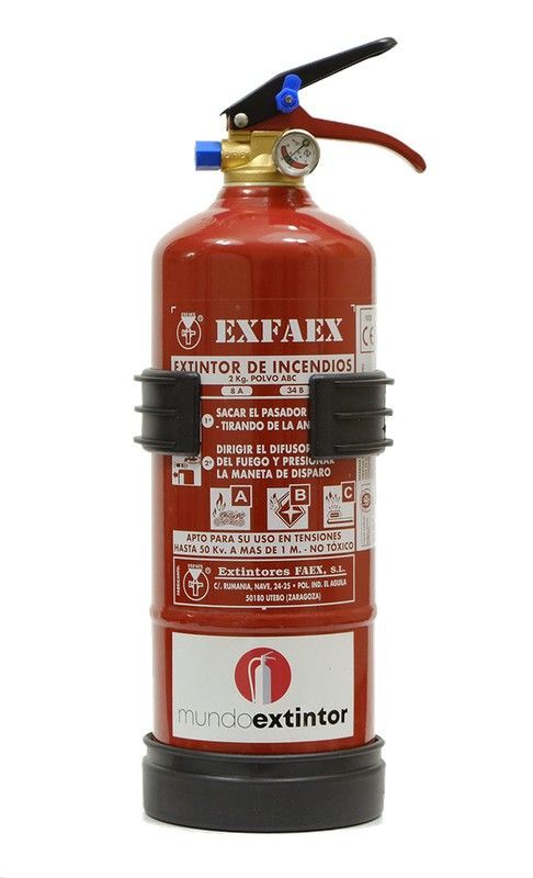 Extincteur à poudre ABC 2 kg. Étiquette en français. Fabriqué dans l'UE.